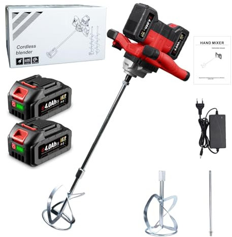 ONEVAN malaxeur mortier sans fil, 40V mélangeur à béton sans balais avec 2 batteries de 4000 mAh, 6 vitesses, emmanchement M14, mélangeur electrique pour peinture, béton, ciment et mortier