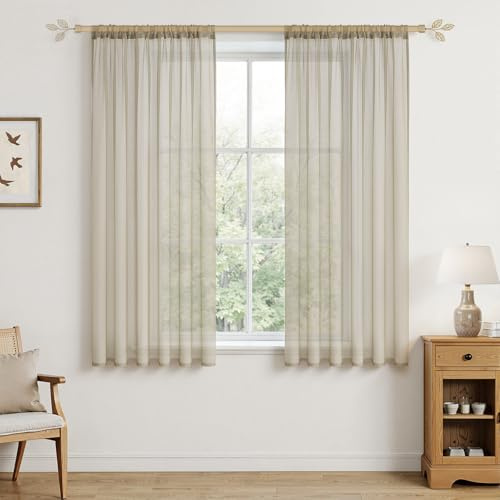 MRTREES Tenda Beige Trasparente Boho con Passante per Bastone, Tende Corte 140x180 cm (L x A), Tende da Soggiorno Moderna, Corta in Mussola, Tenda Beige per Cameretta Bambina, Set da 2 Pezzi