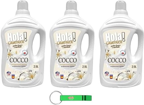 Hola Cocco Lot de 3 lessives liquides pour machine à laver Propreté impeccable Parfum noix de coco 54 lavages 2900 ml + porte-clés Beni Culinari gratuit