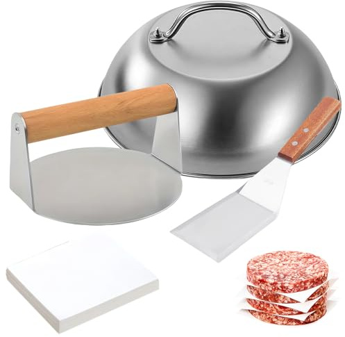 LEKEFETO Smash Hamburger Set di 3 pressa per hamburger, set da 5,5 pollici, Round Smash Hamburger Press & Hamburger & Spatola per grigliare e 100 carne, in acciaio inox, set di posate per barbecue