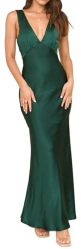 Dam Elegant Satin Backless Maxiklänning V-ringad Ärmlös siden Formella långa cocktailklänningar Sommarbröllopsgästklänning