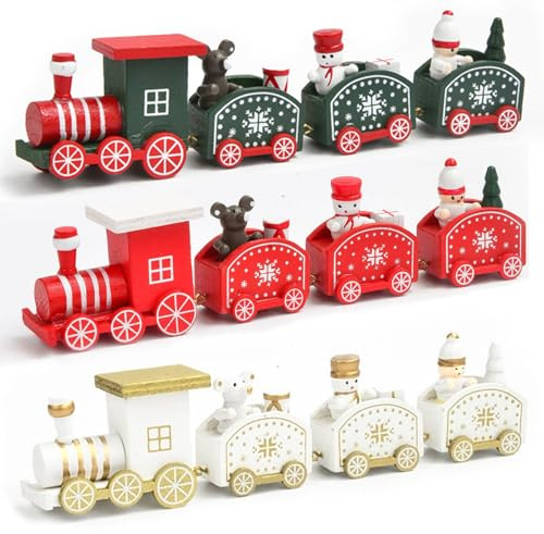MOMAHUA 3 Stücke Holz Weihnachtszug Dekoration Mini Weihnachten Zug Deko Je 4 Abschnitte, Weihnachtszug Spielzeug Geschenke für Kinder, Holz Spielzeugeisenbahn Weihnachts Schneeflocken, 6-teilig