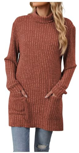 Gefomuofe Sweater Pull long à col roulé pour femme - Pull en tricot surdimensionné - Élégant - Automne - Tunique - Pull d'hiver, marron, S