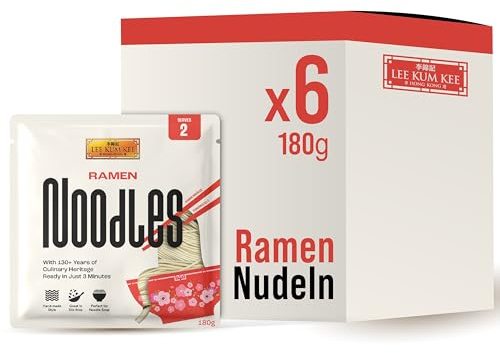 LEE KUM KEE Ramen Nudeln - Asiatische Ramen mit zarter und glatter Textur, der Klassiker für Ramen-Suppen und Stir-Fry Pfannengerichte, Semi-dry Nudeln, zwei Portionen pro Packung, 6 x 180 g Multipack