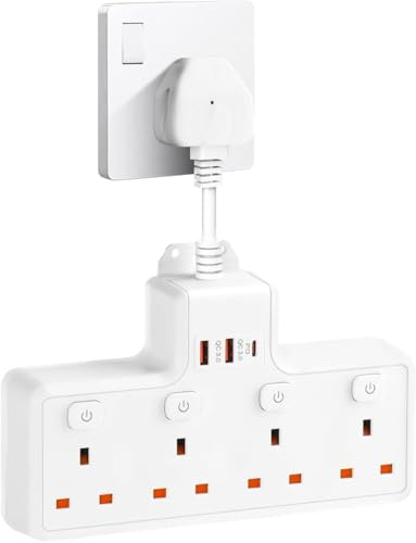 Multi Plug Extension Socket with 20W PD USB C,SHUOMAO 4 Way Plug Adapter UK Socket Extender with 3 USB,Short Extension Lead Wall Adapter with Switches for Living Room, Bedroom, Office, School