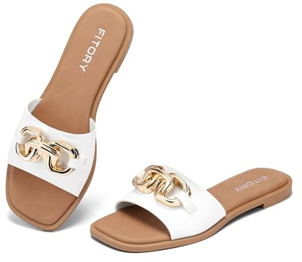 FITORY Women's Flat Sandals with Gold Chain Accent, Casual Dressy Leather Slip on Slide for Ladies Summer Shoes Pure White Size 6
