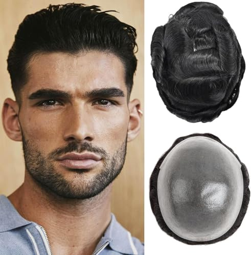 Men's Toupee Hair System for Men 0.03mm Ultra Thin Skin Base Size 8 * 10 Mens Hairpieces Off Black Color 1B Natural Hairline
