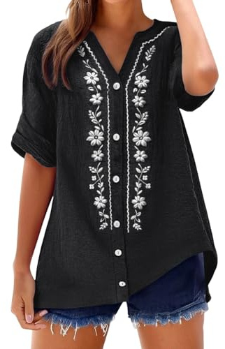 Camicia Lino Donna Mussola Con Maniche a 3/4 Tinta Unita Camicette Ricamo Vintage Casual Camicetta Vintage da Donna Canottiera Leggero Elegante Camicia Tinta Unita Tunica Blusa Casual Camicette (XXXL)