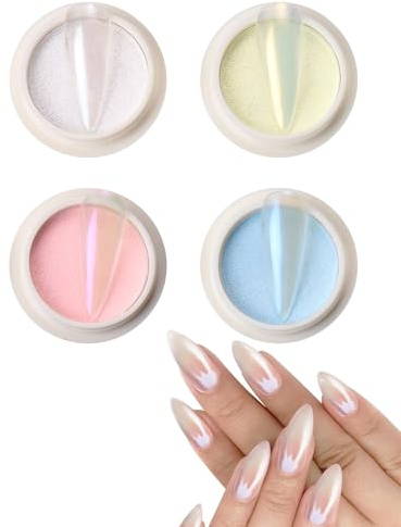 KAHZOR Poudre Chrome Ongle Kit de 4 – Effet Miroir Métallique, Paillettes Aurore Scintillantes & Nacrées. Pour Manucure Professionnelle à Domicile, Nail Art DIY Facile & Fini Haute Brillance Éclatant.