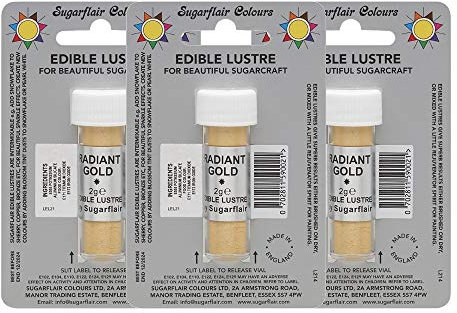 Sugarflair Radiant Gold Edible Lustre Dust, Add a Lustrous Shine to Cakes or Decorations. Brush On or Add Rejuvenator to Create Eye-Catching Edible Paint, Gives Shine to Your Bakes - 2g (Pack of 3)