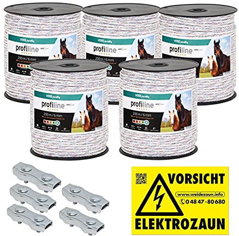 VOSS.farming 1000m Kunststoffseil 6mm mit Seilverbindern Weidezaunseil Weidezaun Litze Kordel für Pferdezaun Pferdekoppel