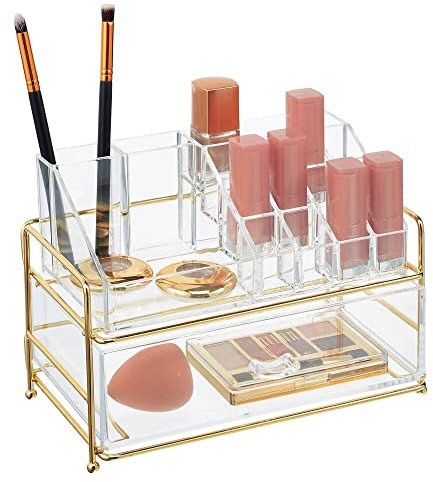 mDesign Kosmetik Organizer – praktische Ablage zur Kosmetikaufbewahrung im Bad oder Schlafzimmer – Aufbewahrungsbox mit 16 Fächern und einer Schublade – messingfarben/durchsichtig