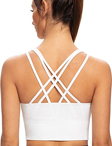AGONVIN Dam Longline Yoga Vadderad Strappy Medium Support Träningsträning Top Sports BH vit XS