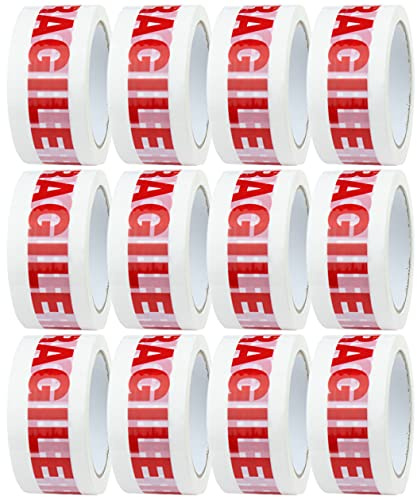 Crimson Starfish 12x Rolls of Low Noise Fragile Tape for Packing Boxes/Fragile Packing Tape - 48mm x 66m, Packing Tape Strong for Moving House, Packing Parcels, Cardboard Boxes & Cartons
