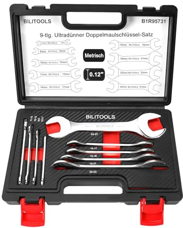 BILITOOLS Super-Thin Wrench Set, 9 Piece Metric Open End Wrench Set, Including 5.5, 7, 8, 9, 10, 11, 12, 13, 14, 15, 16, 17, 19, 21, 22, 23, 24, 27 mm, Ultra-Slim Flat Spanner Set with Storage Box