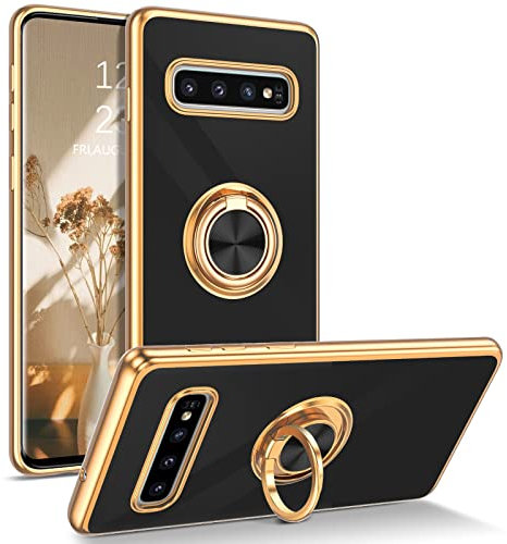 DOMAVER Case for Samsung S10 with 360° Ring Holder, Samsung S10 Phone Case Shockproof Slim Kickstand Magnetic Car Mount Women Men Non-Slip Protective Phone Case for Galaxy S10 6.1, Black/Gold