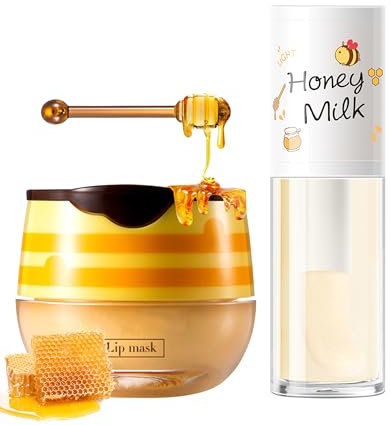 Kit de soin pour les lèvres, Lot de 2 baume a levre hydratant longue durée, gommage levre exfoliant，Huile pour les lèvres Pour Lèvres Sèches, Apaise, Nourrit & Adoucit, Masque à Lèvres Bee Honey Pot-A