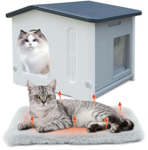 Rockever Plastic Outdoor Cat House with Escape Door, Waterproof Cat Shelters for Feral Cats Indoor Cat House with Mat, Sturdy Cat House for Outdoor Cats, Assemble Easily-Grey