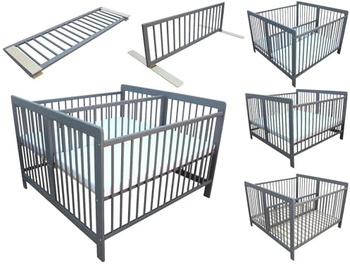 Kinderbett für Zwillinge Zwillingsbett Doppelbett 2in1 massiv grau mit 2 Matratzen 120x120cm und Trenngitter