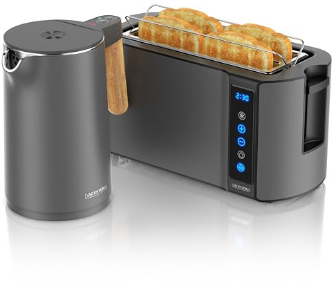 Arendo - Wasserkocher Toaster SET - Edelstahl - Wasserkocher mit Temrpatureinstellung - 45-100 Grad - Warmhaltefunktion - Toaster 4 Scheiben mit Touch Display - mit Brötchaufsatz - Cool Grey