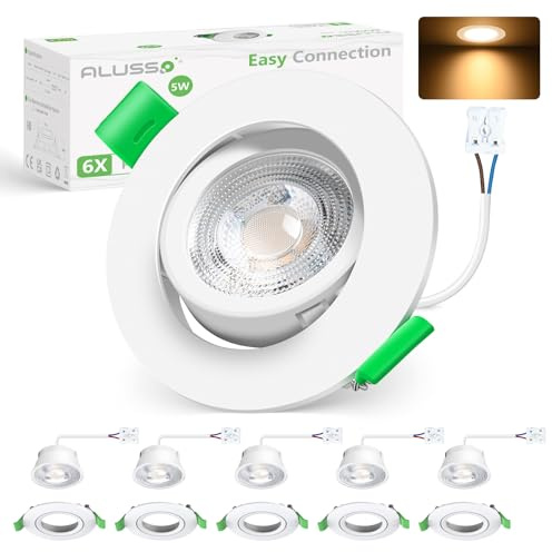 ALUSSO LIGHTING Inbyggd LED-spot 5W 230V, 45° Roterbar, Hål Φ75-78mm, Varmvitt 3000K, 400lm Inbyggd taklampa, Set med 6