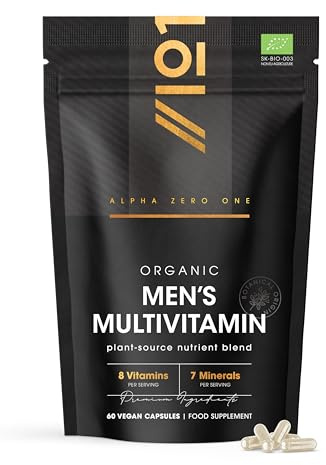Organic Men's Multivitamins and Minerals - 100% Plant Based - 15 Organic Vitamins & Minerals – 60 Vegan Capsules – Resealable and Recyclable Pouch by Alpha01