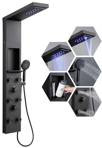 ROVATE LED Shower Panel Tower System Matte Black with Shelf, Rainfall Waterfall Shower Tower with 6 Angle Adjustable Body Jets, Self-Cleaning Handheld, Powerful Shower Column Stainless Steel