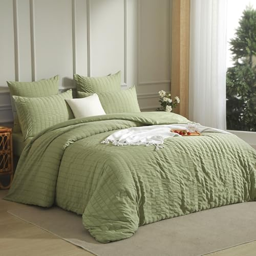 Luofanfei Copripiumino 240 x 260 verde salvia Seersucker tinta unita biancheria da letto in microfibra per 2 persone per adulti, biancheria da letto tinta unita, copripiumino con cerniera 240 x 260