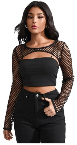GORGLITTER Women's Fishnet Sheer Bolero Shrug Long Sleeve Y2k Crop Tops | Crewneck, Mesh, Sexy, Sheer Poncho, Cape Top, Fishnet Top, Black Lace Bolero for Going Out, Halloween