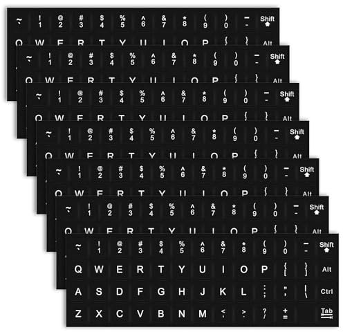 7 pegatinas de teclado inglés, pegatinas universales de repuesto para letras de teclado, letras blancas sobre fondo negro, para ordenador, portátil, ordenador de sobremesa