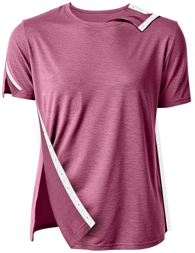 Post Shoulder Surgery Shirts for Men Women Unisex After Rotator Cuff Surgery Shirt Snap Access Recovery Hospital Shirt (US, Alpha, 3X-Large, Regular, Regular, Deep Red)