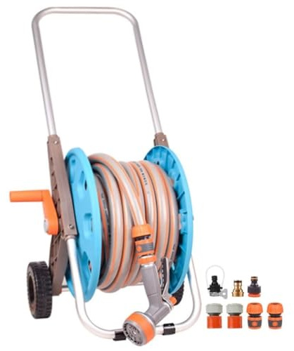 Heavy Duty Hose Reel Cart with Wheels, 30m PVC Water Hose, Adjustable Spray Gun, U-Shaped Handle, Portable Garden Trolley for Easy Storage and Watering(Hose Cart+30m Pipe)