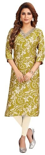 Ladyline Maslin - Tunica da donna, in seta, con stampa a specchio, con scollo a V, lungo, Kurti Kurta, Mahendi (T), 70