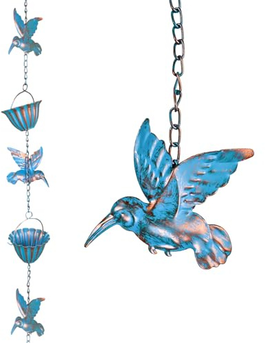 ZenTong Infi Chaine de Pluie pour Gouttiere, Chaîne de Pluie Colibri de 2.4m avec 7 Oiseaux et 7 Tasses en Métal Bleu Vintage Adaptée Aux Gouttières Aux Jardins et à La Décoration de La Maison