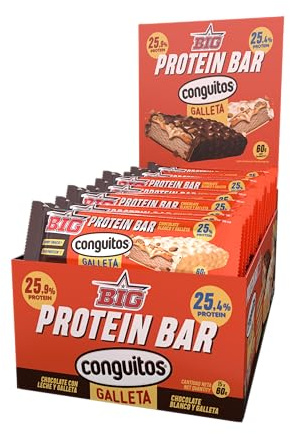 BIG - Barritas Proteina con Toppings de Conguitos White Galleta 25 gr Proteina por Barra - Pack 15 Barritas x 60 gr - Barras Alta en de Proteinas con Chocolate Blanco - Ideal para Dieta Deportiva