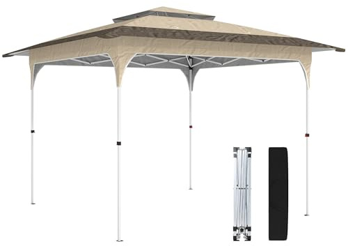 Outsunny Carpa Plegable 3,5x3,5 m, Pop-up, Cenador Pabellón de Jardín con Doble Techo, Cierre Central, UPF50+, Altura Ajustable de 3 Niveles y Bolsa de Transporte, Gazebo para Fiestas, Exterior, Caqui