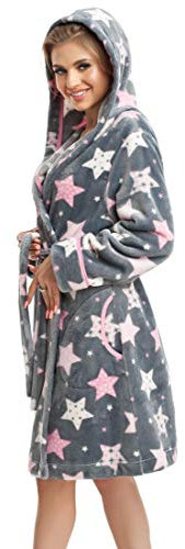 LEVERIE Damen kurzer Bademantel (made in EU) in tollem Design, Gr. M, grau-Sterne