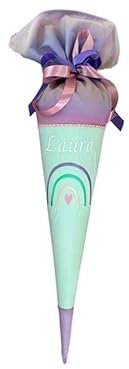 Glückspilz Schultüte mit Namen personalisiert, Regenbogen, Zuckertüte aus Musselin, mit Kissen + Rohling, Lila