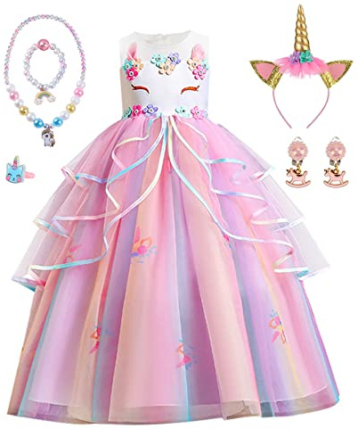 TOLOYE Prinsessklänning, flicka, enhörningskostym, barn, flickklänning med hårband, halsbandsset, prinsessa, kostym, klänning för jul, halloween, karneval, cosplay, födelsedagsfest | Enhörning flicka flicka cosplay kostym, mönstrad klänning för halloween karneval cosplay födelsedag jul fest