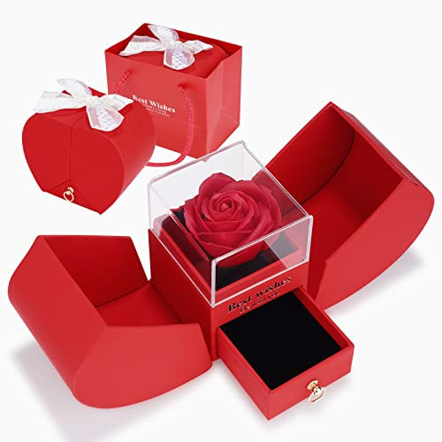 Ewige Echte Rose Geschenkbox für Frauen, Ewige Rose im Glas mit Schmuck Box, Handgemachte Konservierte Rot Rose Schublade Geschenk für sie Freundin Frau Muttertag Valentinstag Hochzeit Jahrestag