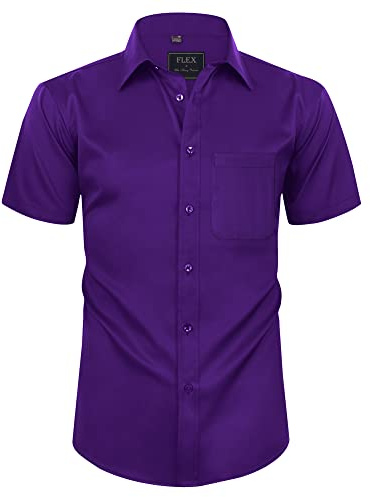 siliteelon Mens Shirts Short Sleeve Stretch Dress Regular Fit Casual Business Summer Shirt with Pocket Purple XL