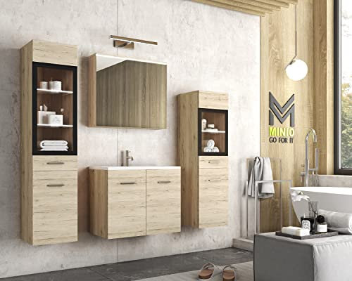 MINIO go for it - Badezimmermöbel Set Marit 2, mit LED-Belechtung, Spiegel mit Regal, Schrank mit Waschbecken, Laminierte Spannplatte, Farbe: San Remo Eiche