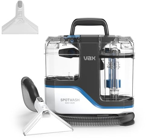 Vax SpotWash Max Duo Spot Cleaner, Upholstery, Sofa, Stairs, Rug, Stain Cleaning Small Handheld Shampooer Machine, Solution and Tools for Home, Car, Pets with Self-Clean, 500W, White / Blue, CDSW-MSXD