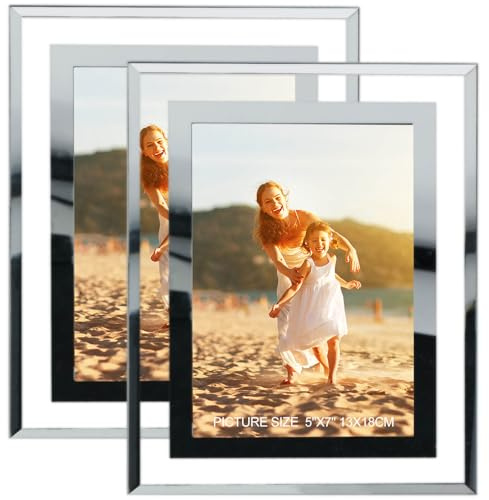 HIKWADERY 5x7 Picture Frames Silver - Set of 2, HD Real Glass 5 by 7 Photo Frame Mirrored Edge for Tabletop Display, Wedding Birthday Mothers Day Gifts (5 x 7, Silver)