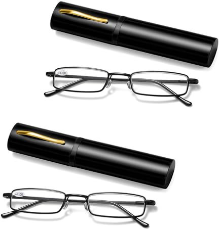 Hugfads Blue Light Blocking Reading Glasses, Metal Frame, Spring Hinge, Compact Readers, Unisex, Pack of 2, with Portable Slim Clip Case