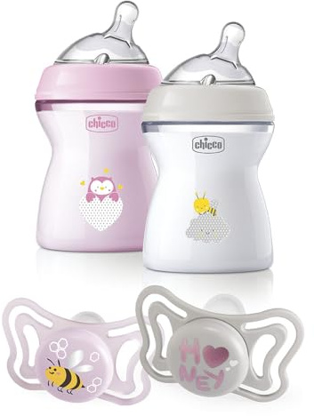 Chicco Set 2 Biberons NF 250 ml et 2 Sucettes Léger 2-6 Mois, Biberon avec Tétine en Silicone Souple et Flexible, Sucette avec Tétine en Silicone, Idée Cadeau, Couleurs Assorties