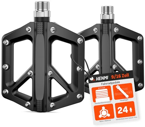 HENMI Fahrradpedale 9/16 Zoll [Nylon] mit Anti-Rutsch-Nägeln, Pedale Fahrrad MTB Pedale, Hauptachse Chrommolybdänstahl,1 Million Tretfrequenzen, Passend für MTB E-Bike Stadtrad