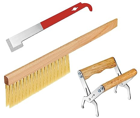 Hopbucan Bee Hive Tool Silver Stainless Steel+Wooden Multifunctional for Beekeepers,Include J Hook Frame Lifter Bee Hive Frame Grip Holder Lift,Wooden Beekeeping Brush