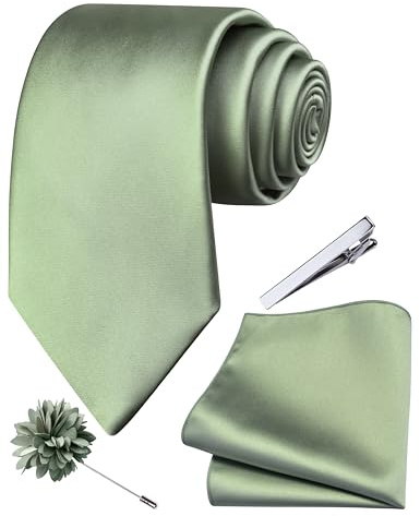 Branduce Sage Green Tie for Men Wedding Solid Satin Silk Blend Necktie Pocket Square Tie Clip and Lapel Pin Brooch Set (TA14-26)