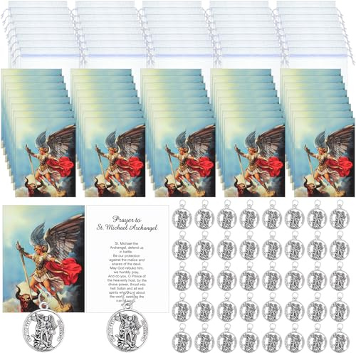 Remuuly 120 Pieces Medals Prayer Card Set, 3/4 Inch Round Silver Oxidized Medals for Necklace Holy Prayer Cards Bags for Catholic Women Men Jewelry Making (St. Michael)